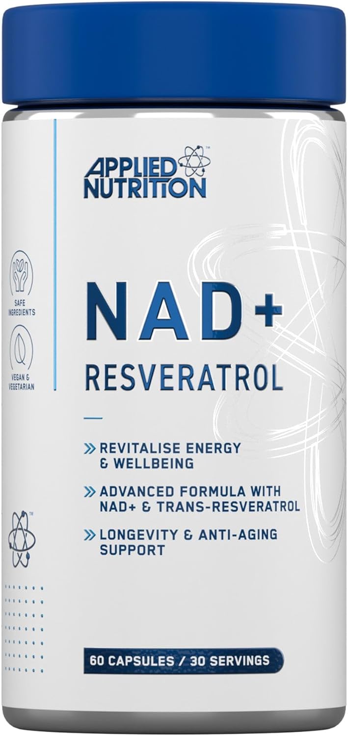 Applied Nutrition NAD+ Resveratrol 500mg per Serving with Vitamin C, Cellular Health, Energy and Healthy Aging Support, Antioxidant Supplement, 60 Capsules (30 Servings)