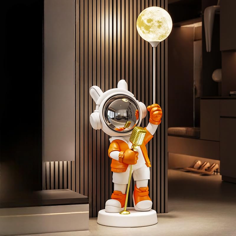 Figura decorativa de suelo de astronauta con lámpara de luna, astronauta cantante de KTV, soporte de TV para sala de estar/acento de sofá, inauguración de la casa/regalo creativo (naranja)