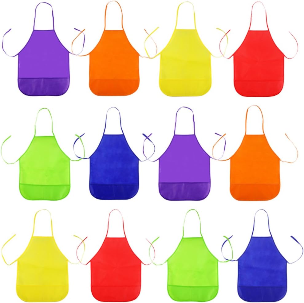 Octter 12pcs Kids Art Aprons Children Painting Aprons with 2 Pockets for Craft, Kitchen, Classroom, Community Event and Painting Activity (6 Colors)