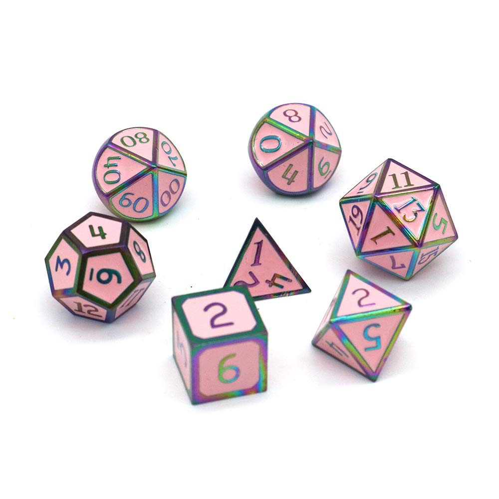 DollaTek 7Pcs Set di Dadi in Metallo Solido DND Gioco di Dadi D&D in Metallo Solido con Custodia e Lega di Zinco con Smalto per Giochi di Ruolo Sotterranei e Draghi(Double Color Mix Red And Green)