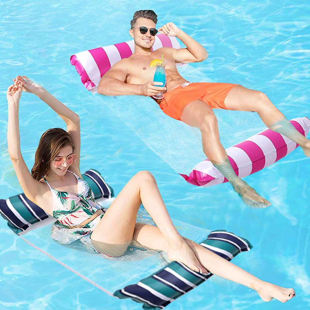 SHMIZZ Hamaca de Piscina, 2Pcs Hamacas Flotantes para Cama Flotante, 4 en 1 Agua y Playa Piscina Flotante Tumbona de Inflar Colchoneta Hinchable Flotador Piscina para Adultos