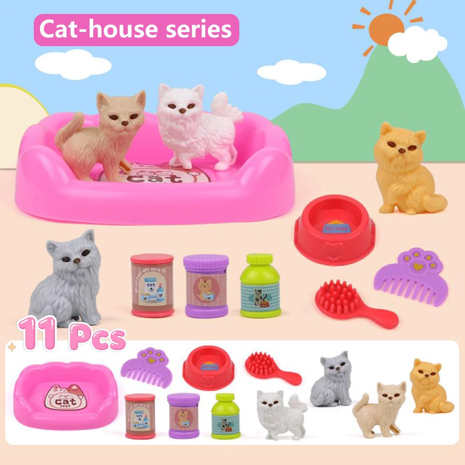 45pcs Dollhouse Furniture Set,Cat Dog Figures Play Set Feeding Bathing Pretend Play Set Miniature Doll House Accessories and Furniture Educational Gifts for Girls Boys Ages 3+ 4 5 6 image 3
