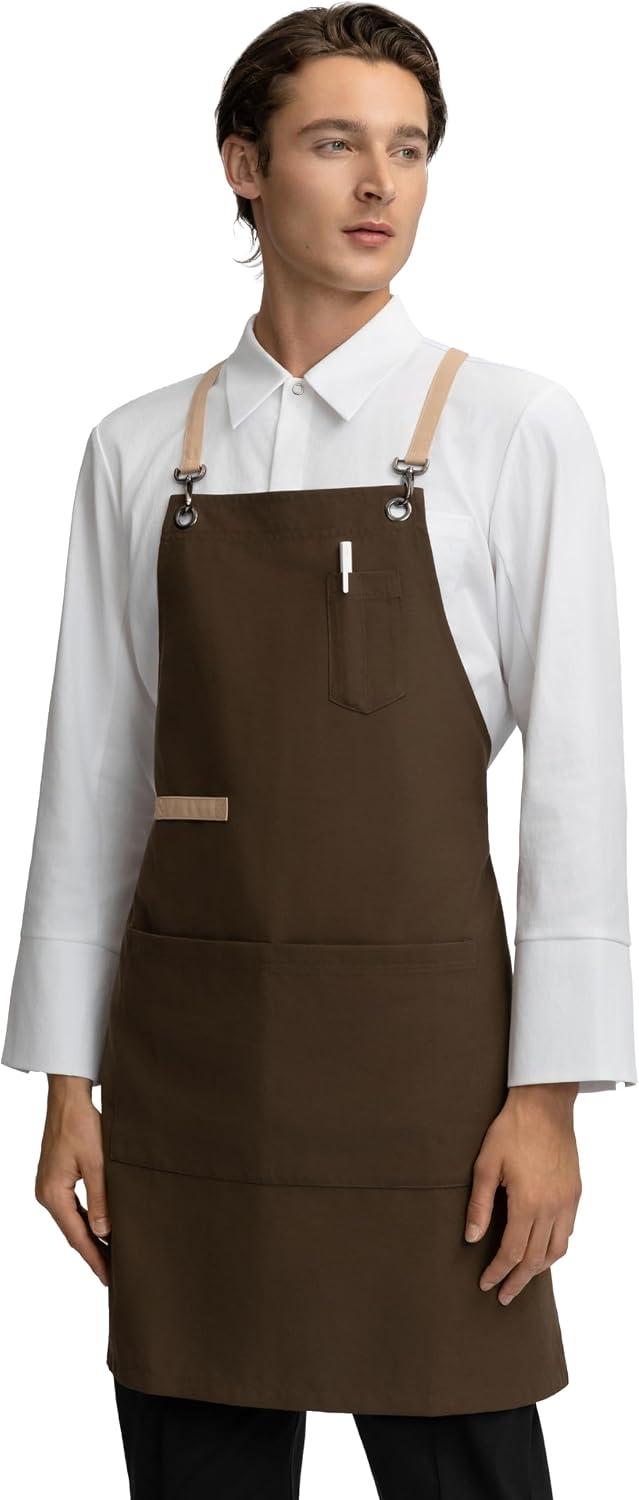 Maia Bib Apron, Premium Chef Apron with Ergonomic Cross-Back Straps, 3 Pockets and Utility Loop