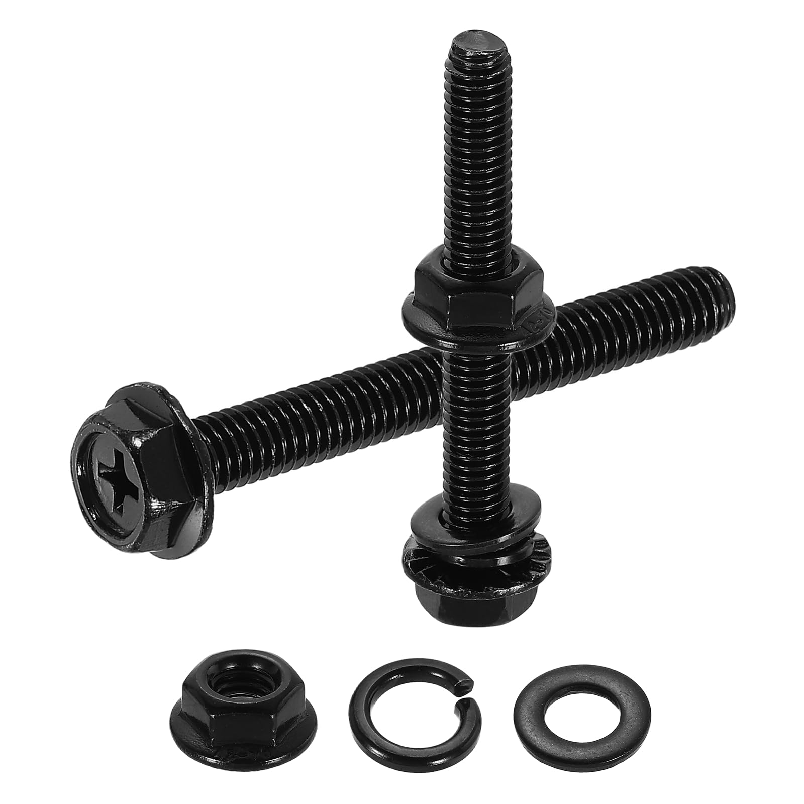 sourcing map M6 x 50mm Phillips Flanged Hex Head Bolts, 10Pcs 304 Stainless Steel Flange Hexagon Screws with Nuts, Flat & Lock Washers, Fully Threaded, for Machinery Industry Home, Black — image 1