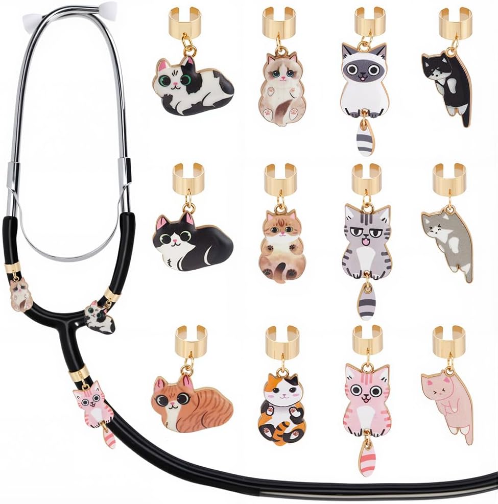 1 Box 12Pcs Stethoscope Nurse Tag Stethoscope Accessories Charms Bulk Colorful Enamel Cat Pet Animal Adjustable Personalized ID Name Alloy Tags for Doctors Nurse Assistant Staff DIY Decor