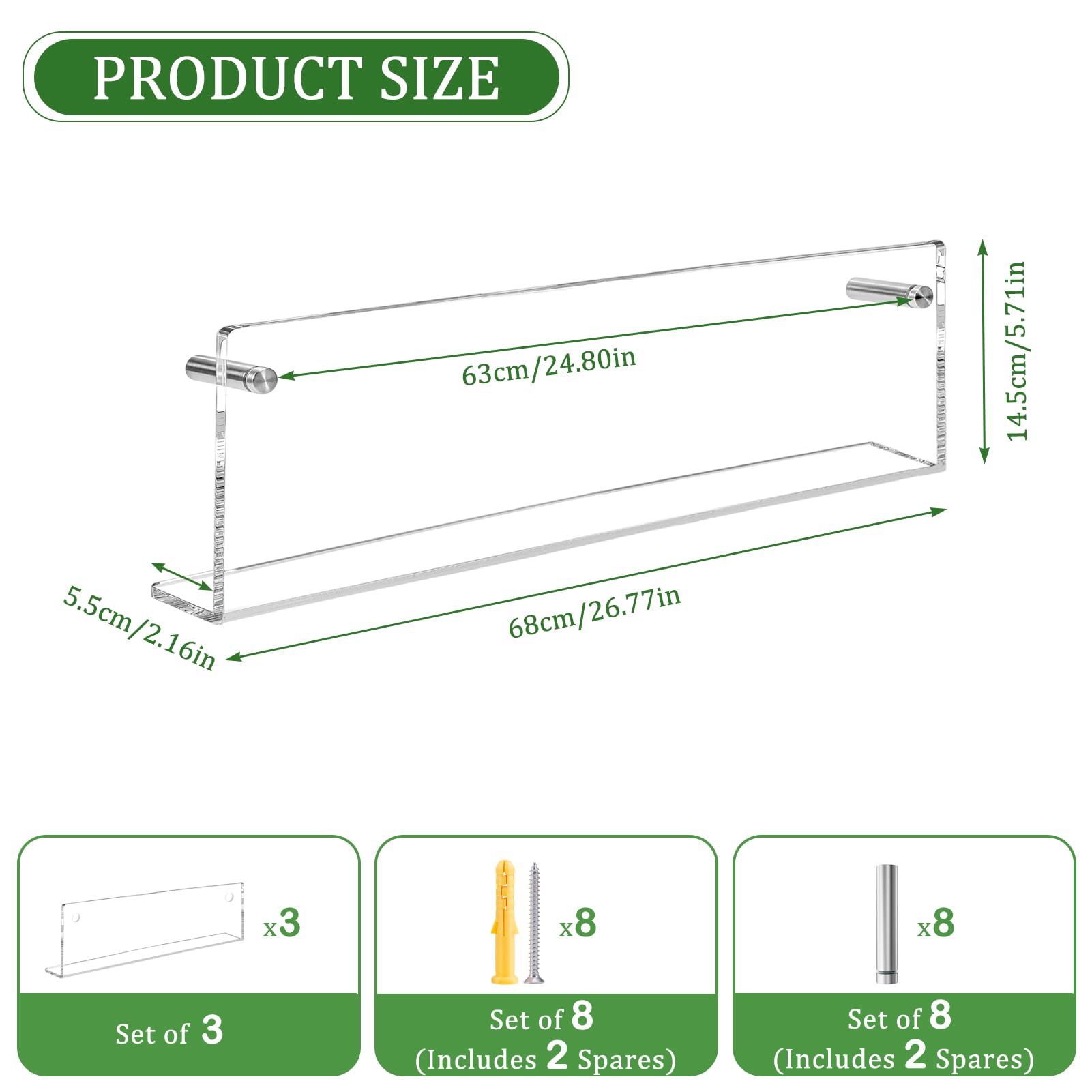 Dewonme Magazine Shelf,Set of 3,Clear Acrylic,68cm Long,Shelves for Wall,with Easy Installation for Living Room Bedroom - Image 3