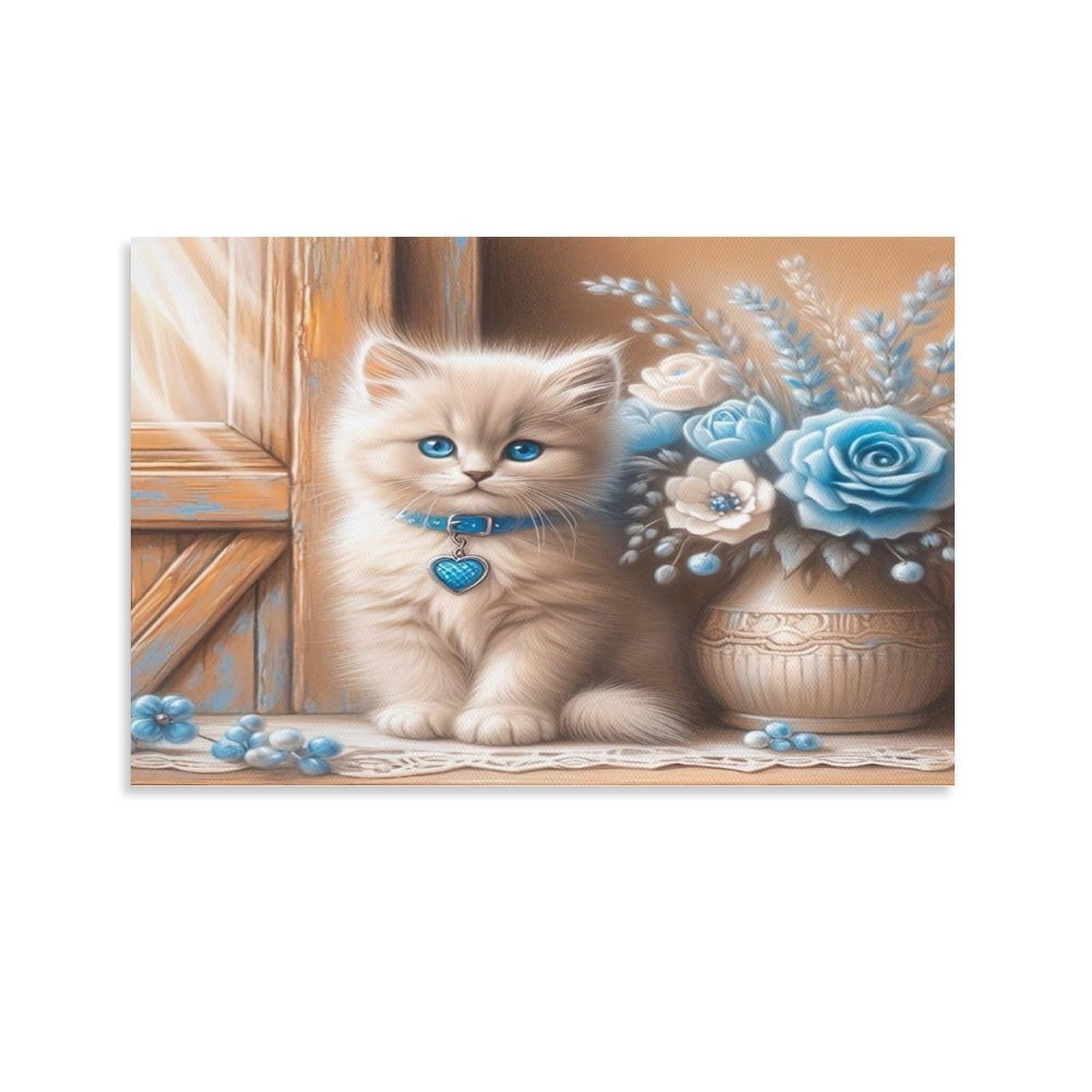 CPLVKWRQJ Cute Kitten with Blue Eyes 1 Piece White Kitten Blue Rose Vase Canvas Print - Office Wall Art Fade Resistant Wall Focal Art Statement Piece 24x36inch(60x90cm)
