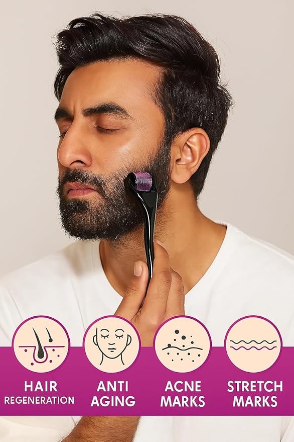 Image of Linoges Derma Roller 1.50mm for Hair & Beard Growth - 540 Titanium Micro Needles for Hair Regrowth, Beard Growth, Acne Scar Reduction & Skin Rejuvenation - Safe for Men & Women (Black)
