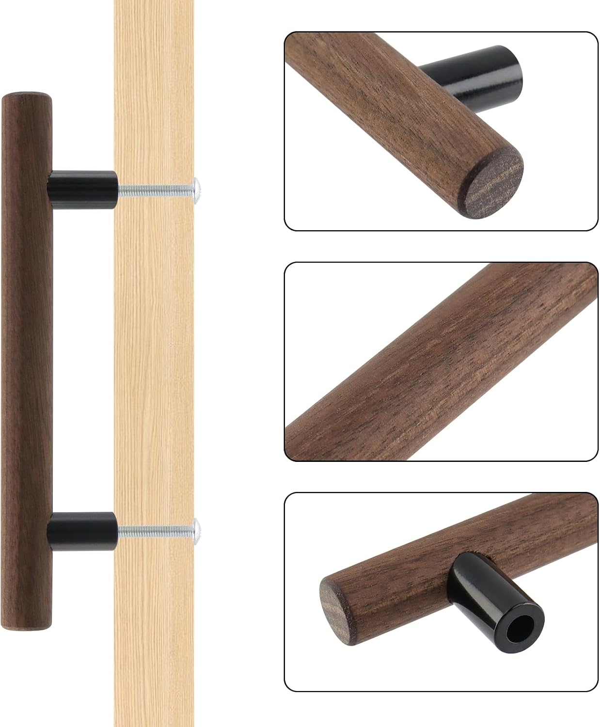 Antrader 4Pcs Walnut Wood Drawer Pulls,96mm/3.78" Hole Centers,5.9" Length | Kitchen/Wardrobe/Cabinet Door Pull Handle with Mounting Screws,Ergonomic Round Bar, Comfortable Grip