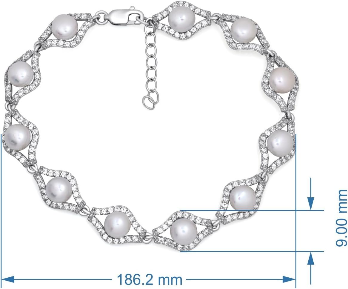 Jewelili Sterling Silver Bracelet for Women | 7 MM White Pearl & White Round Sapphire Gemstones | 7.75" Bracelet | Luxury Jewelry | Gift Box Included