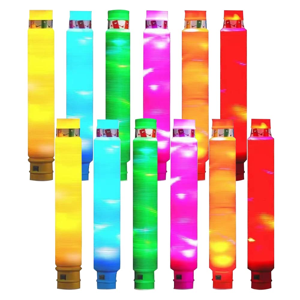 Swetup 12pcs Light Up Pop Tubes Led Sensory Fidget Toys Pop it Tubes Medium and Mini Fidget Tubes Light Up Pull & Stretch Fidget Toys Pack Glow Sticks Party Bags in the Dark Party Favors for Kids Gift