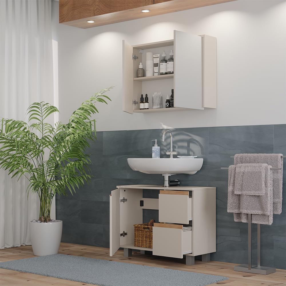 Vicco Set di mobili da bagno J-Shape, Cashmere/Artigianale, 80 cm | composto da specchio da bagno e mobile sottolavabo