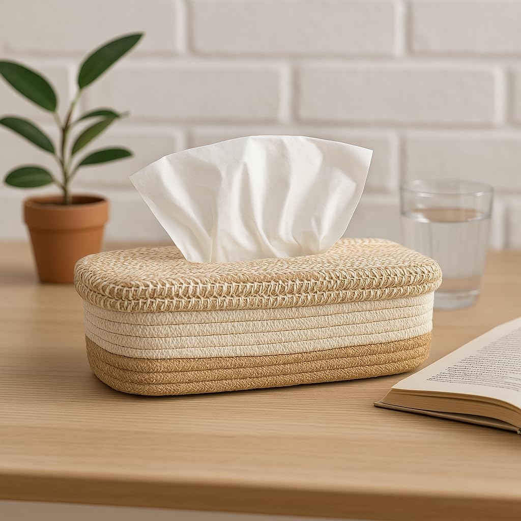 BOBBINY Cotton Tissue Box Holder | Rectangular Facial Tissue Box Holder | Tissue Dispenser for Home/Office/Car (28X16X8 Cm, Off White) (Design-7, Rectangle)-image-40