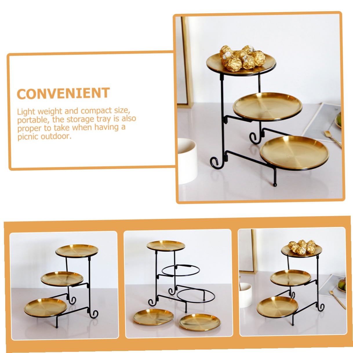 BESTYASH Alzatina 3 Livelli in Acciaio Inox Oro, per Frutta e Dolci | Portatile e Leggera, per Caramelle e Frutta Secca, Lavorazione Curata, per Picnic e Regalo