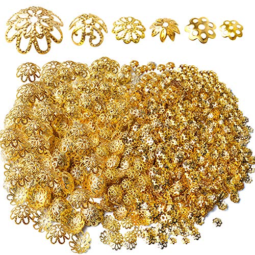 2200pcs Gold Flower Bead Caps Flower Spacer Bead End Caps Spacer Beads for Bracelet Necklace Jewelry Making,6 Styles