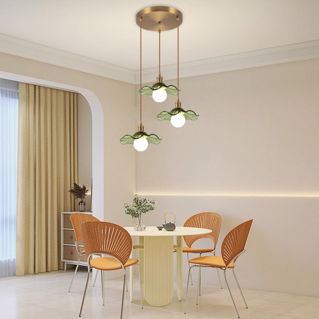 3 Lampe Suspendue en Verre Intérieure Moderne Vert Fleurs E27 Suspension Luminaires Vintage Laiton Doré Lustre Réglable en Hauteur pour Salon Chambre Cuisine