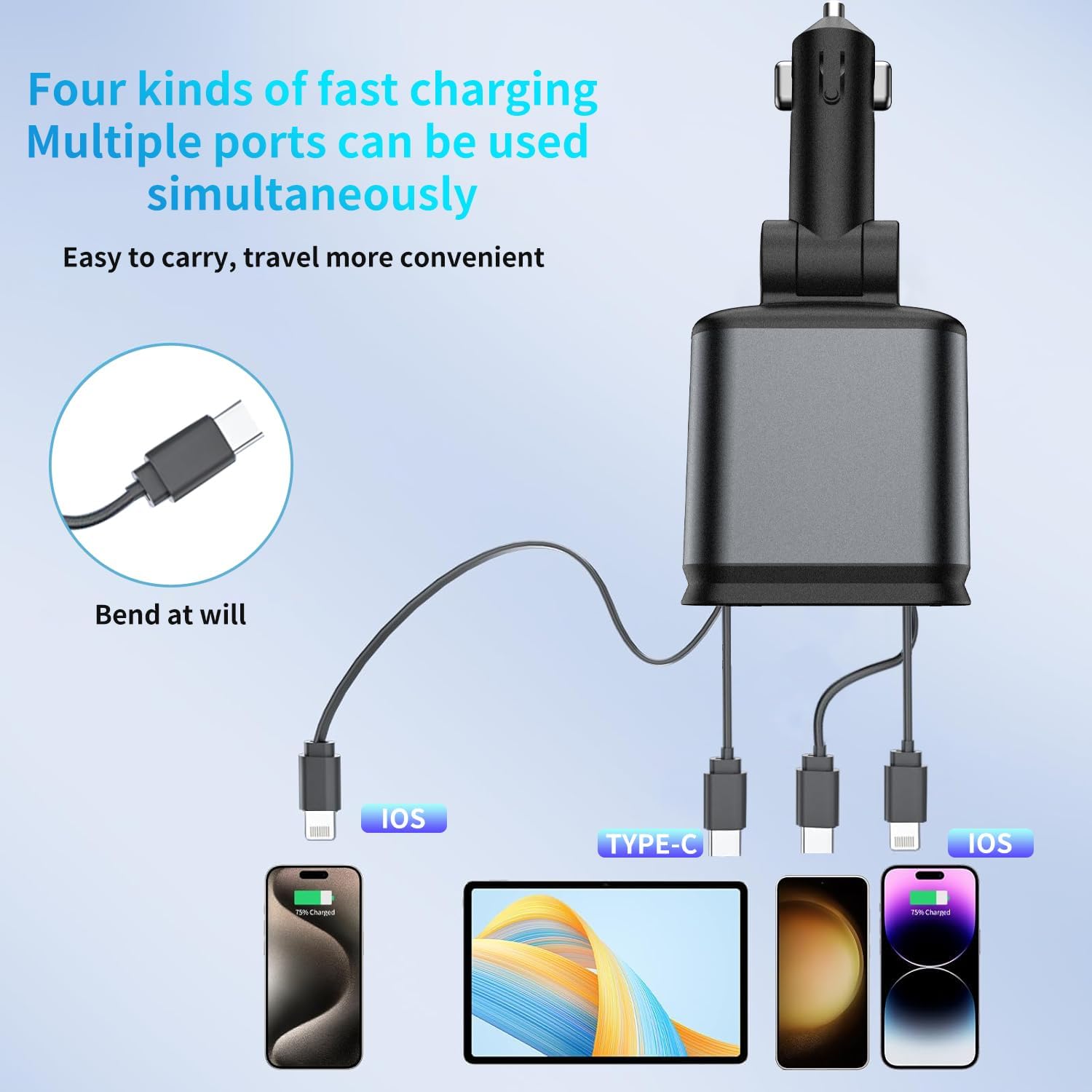 66W Starlight Retractable Car Charger, 4-in-1 Fast Charging Adapter with 2 USB Ports & Type-C Cable, 180° Adjustable Rotatable Design, for iPhone 17/16/15/14/13/12/11 & Android Devices