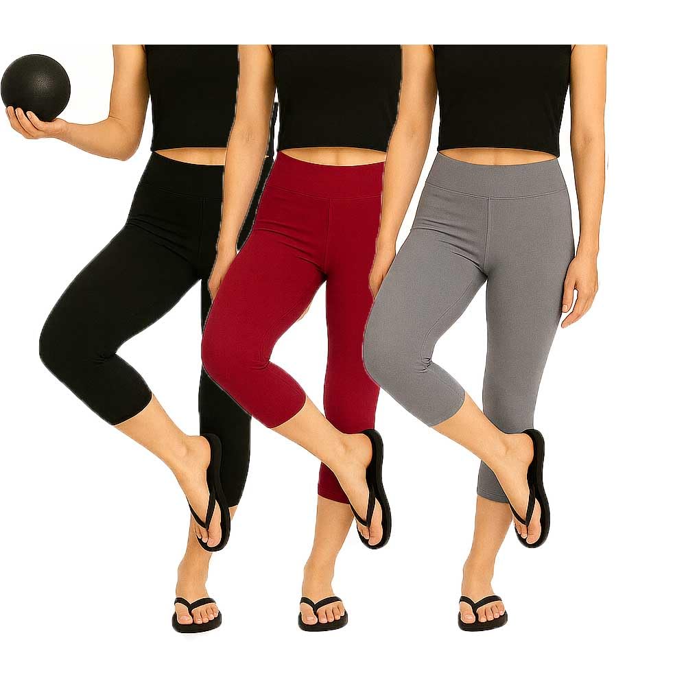 Womens Cotton Blend Plain 3/4th Capri For Girls 3Pack (Black, Grey, Pink)-picture-19