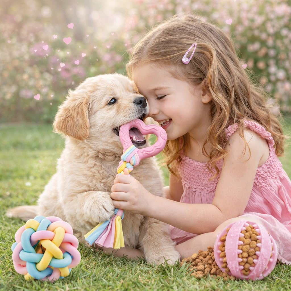 Paquete de 6 juguetes de dentición para cachorros, juguetes para perros pequeños para razas pequeñas, bonitos juguetes masticables de goma rosa, esenciales para cachorros, el mejor cumpleaños