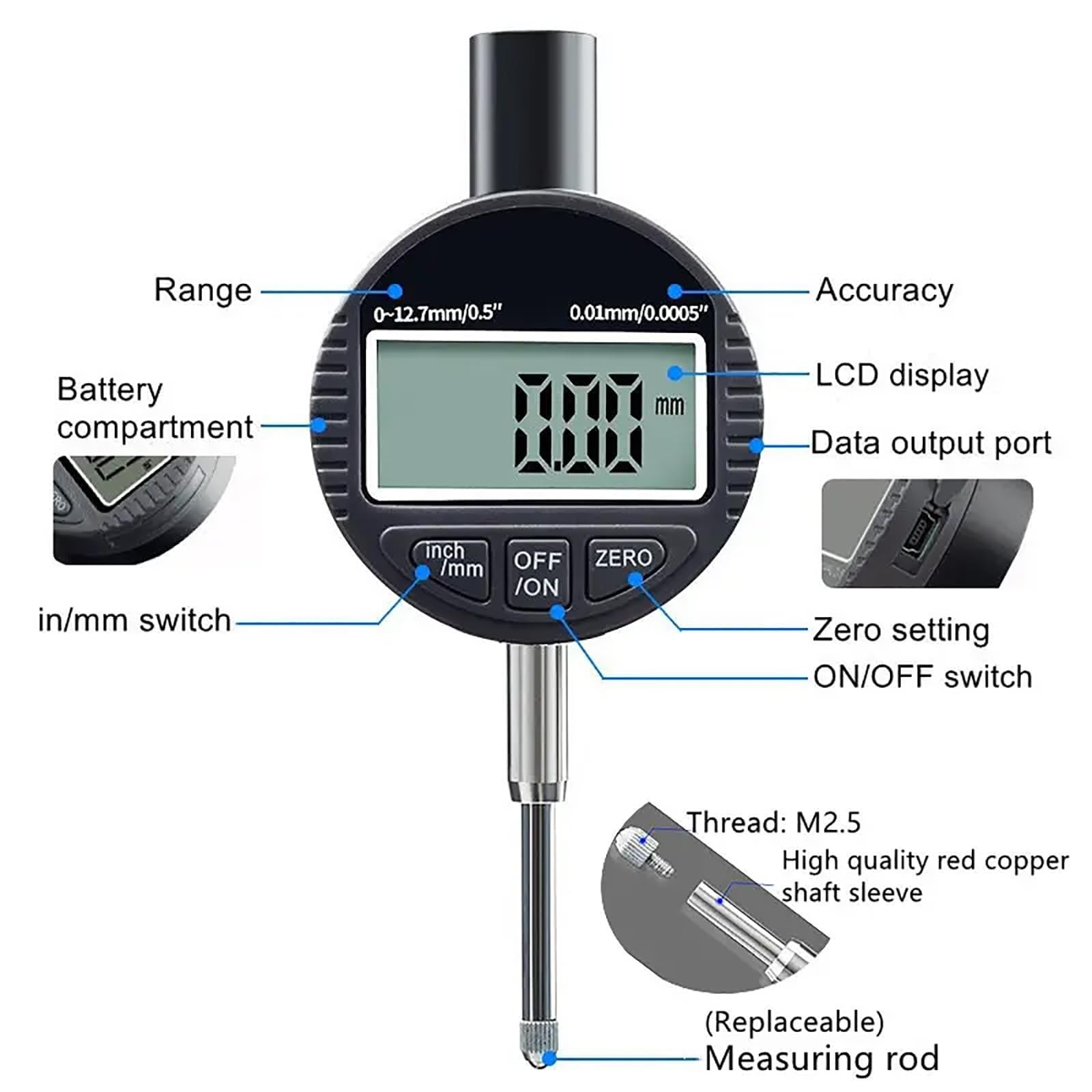 Rugosímetro digital, medidor portátil de rugosidad para granallado y arenado con rangos de 0-6,5/8/10 mm, con opciones métricas/pulgadas intercambiables, para rectificado e impresión(0-8mm)