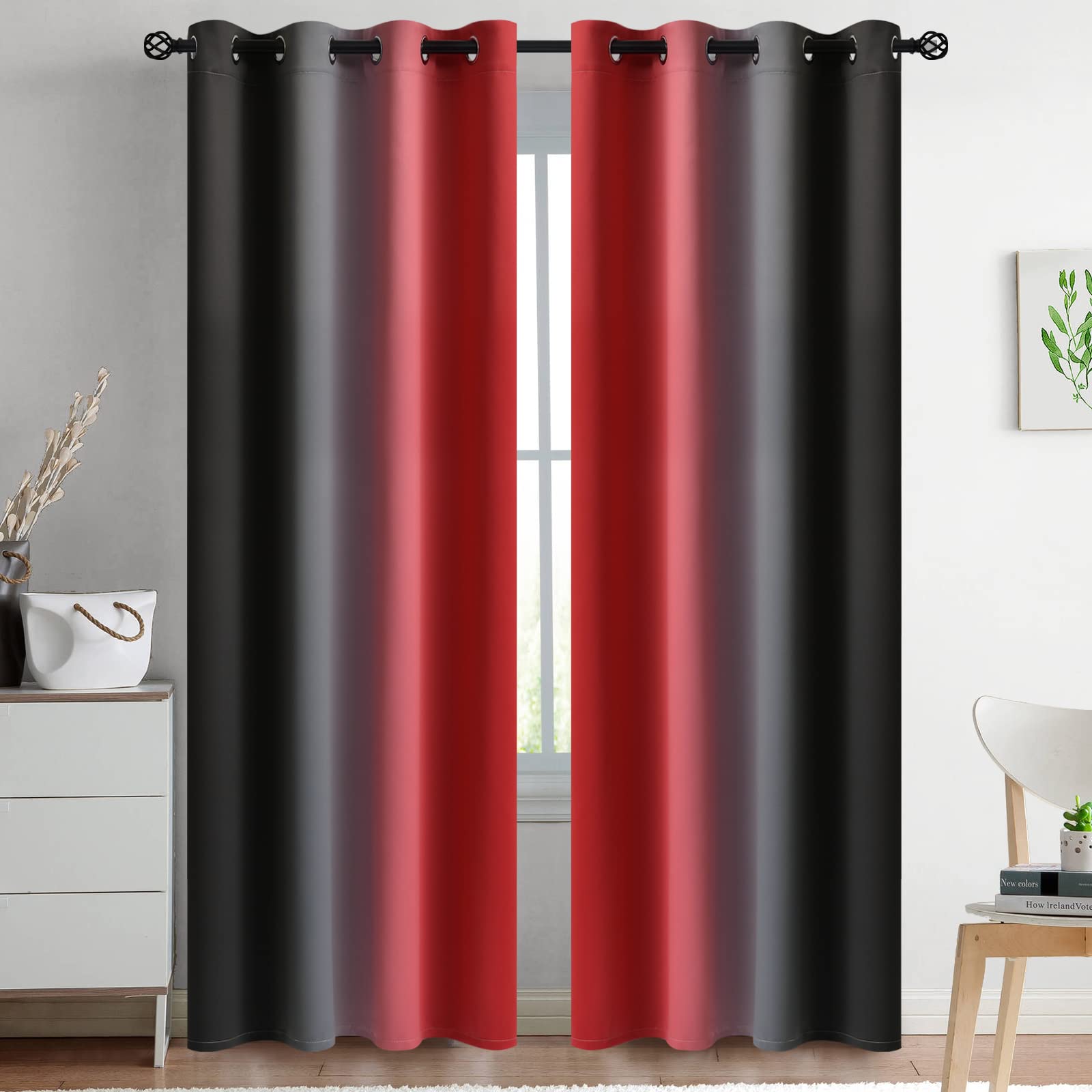 Yakamok Blackout Ombre Red and Black Curtains for Bedroom, Gradient Room Darkening Curtains, Grommet Thermal Insulated Light Blocking Window Drapes/Curtain for Living Room,52 x 84 Inch,2 Panels โ image 1