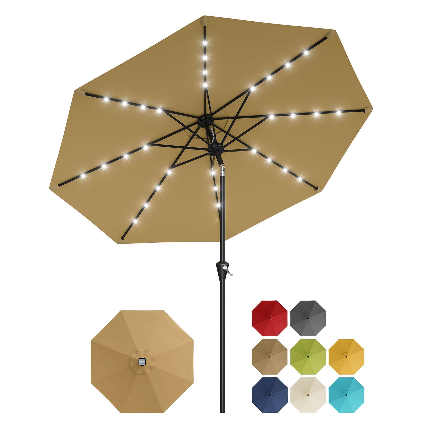 Solar-Sonnenschirm 305 cm, 32 LED-Leuchten solarbetrieben, UV-Schutz 50+, wasserabweisend, Kurbel, neigbar, 8 robuste Eisenrippen, Marktschirm für Terrasse, Pool, Garten, Bräunen