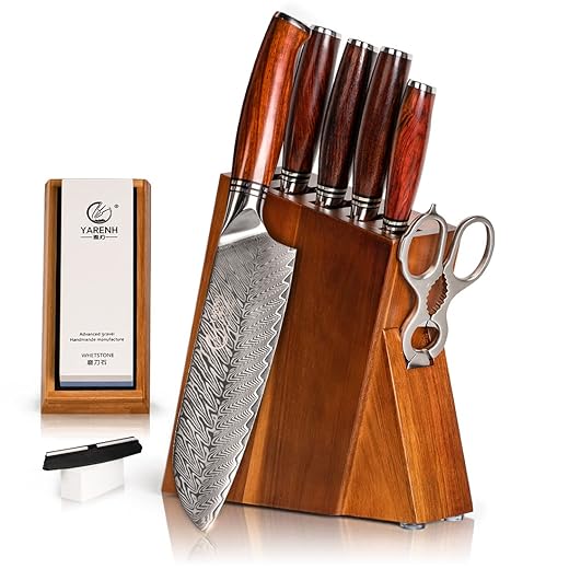 YARENH Kitchen Knife Set with Block, 8 Piece, Sharp Professional Chef Knife Set, 73 Layers Japanese Damascus High Carbon Stainless Steel, Full Tang Dalbergia Wood Handle, Gift Box