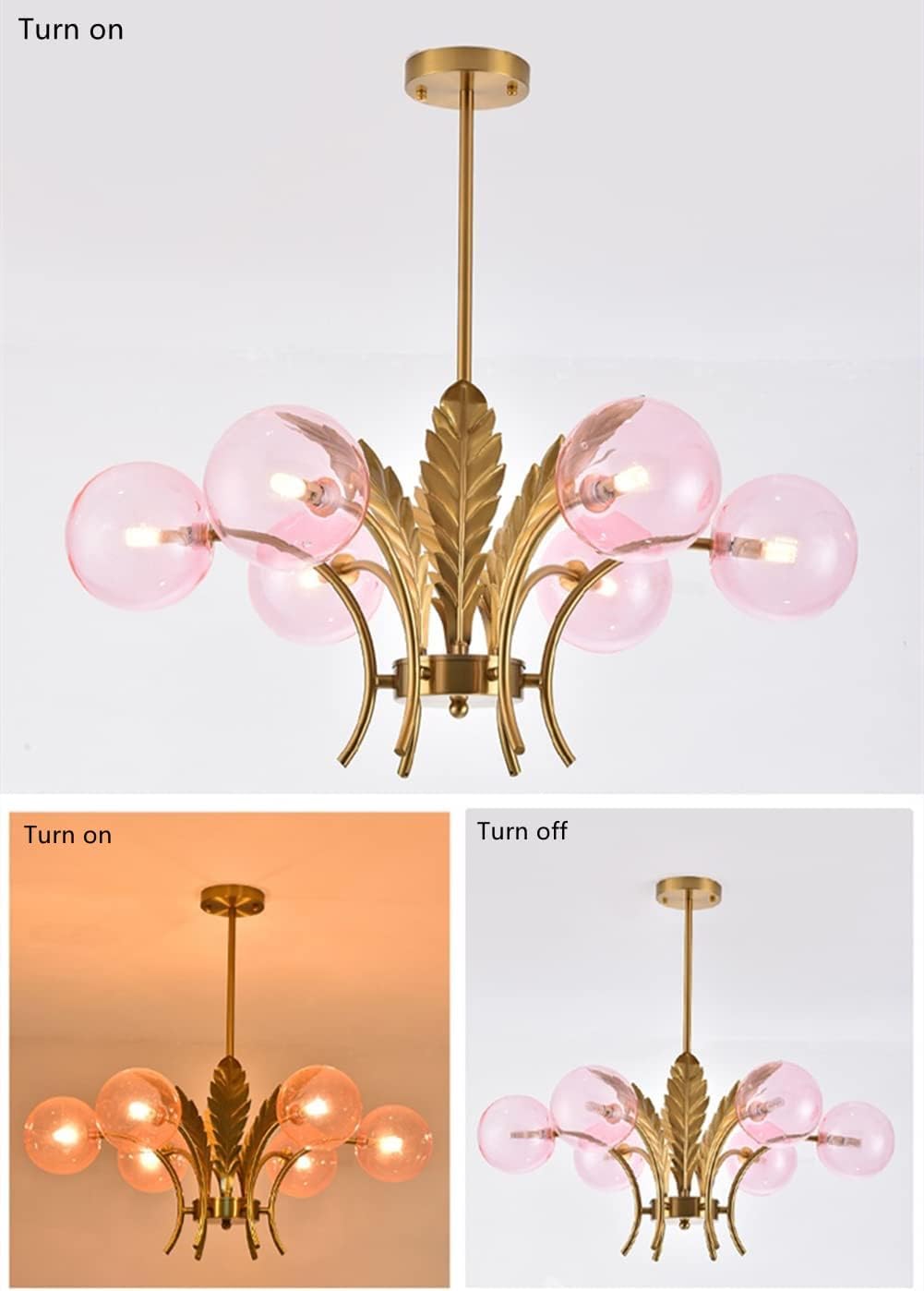 Żyrandol z 6 lampami z różowego szkła bąbelkowego Marshmallow, złoty żyrandol ze szkła mlecznego Sputnik do jadalni, Vintage szara kula wisząca lampa wisząca z liśćmi