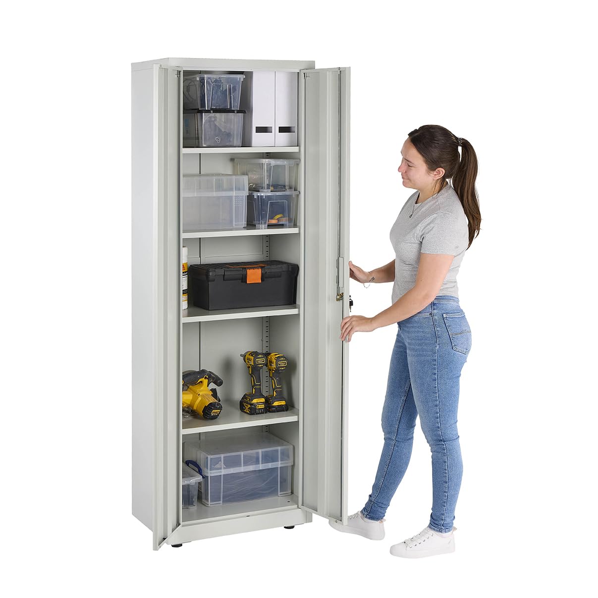 MMT Metal Storage Cabinet - 4 Shelf Slim Office Storage Cupboard, 60cm Wide x 40cm Deep x 180cm Tall, Locked Grey Metal Tool Cabinet for Garage or Utility Room - Grey