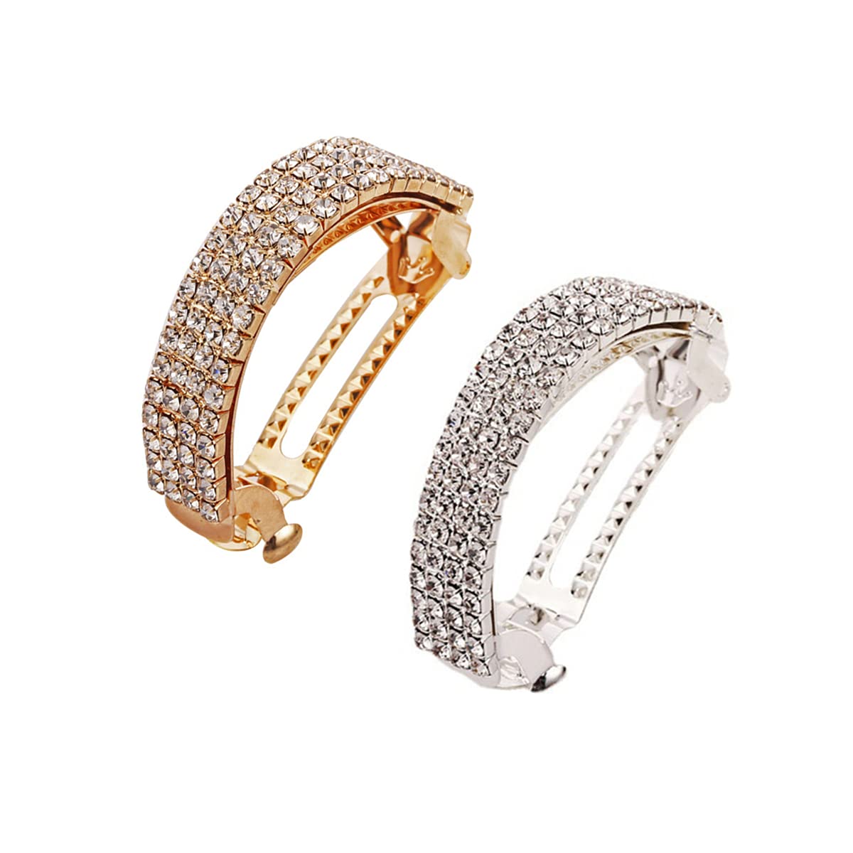 Ruihfas 2Pcs Sparkly Rhinestone Semicircle Hair Barrettes Ponytail Holder Automatic Hair Clips Hair Accessories for Women Girls