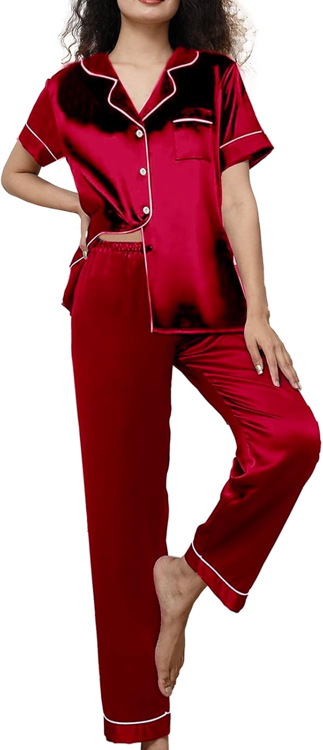 Womens Pajamas Set XS-3XL Floral Silk Satin Pajama Sets Silky Pj Sets 2Pcs Loungewear Sleepwear Button Down Pjs
