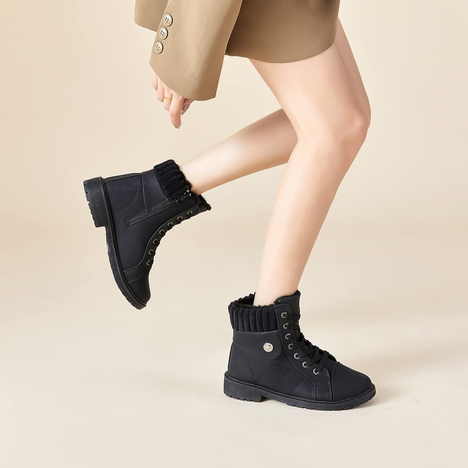 Waluzs Women's White & Black Ankle Combat Boots - Fuzzy Lace Up Snow Boots For Winter - Image 5