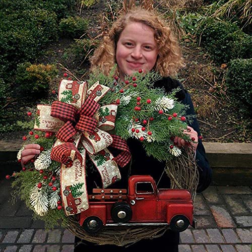 Uposao Red Truck Christmas Wreath for Front Door Decor Rustic Natural Rattan Wreath with Buffalo Plaid Bowknot and Red Berry - Image 3