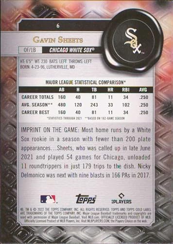 Miniatura 2 de 2022 Topps Gold Label Class 1#6 Gavin Sheets Chicago White Sox Rookie Baseball Card - GotBaseballCards
