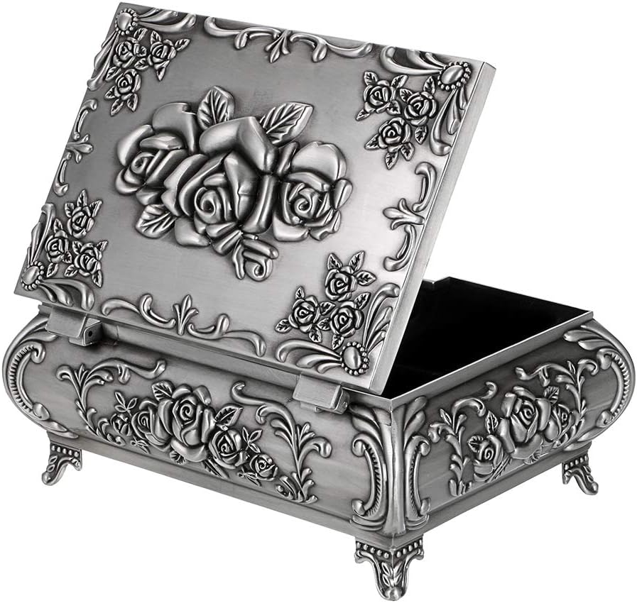 Vintage Metal Jewelry Box Small Trinket Jewelry Storage box For Rings Earrings Necklace Treasure Chest Organizer Antique jewelry Keepsake gift Box Case for Women (Large)