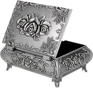 Hipiwe Antique Metal Jewelry Box, Large Vintage Trinket Jewelry Storage Box | Trinket Organizer Jewelry Box with Engraved Rose, Treasure Chest Case For Rings Earrings Necklace, Keepsake Box Gft for Women