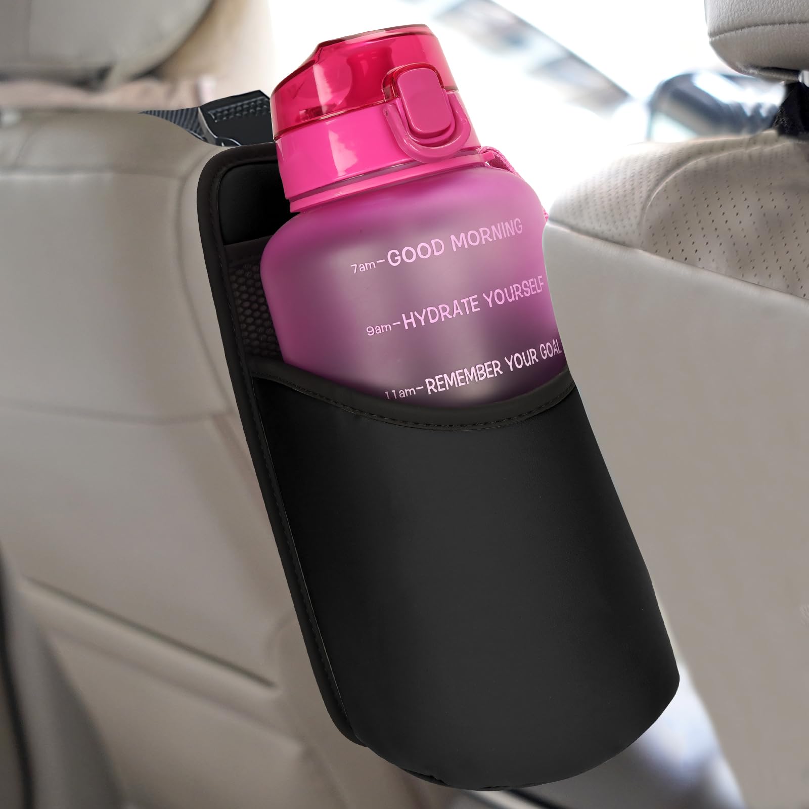Linkidea portabottiglie laterale extra large per sedile auto, compatibile con EYQ 128 oz e Hydracy 78 oz, borsa porta bicchiere da appendere con tasca in rete, Nero
