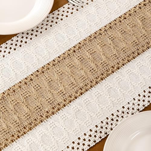 Image of MLMC Ivory & Burlap Boho Table Runner Farmhouse Cotton Burlap Woven Table Runner 48 inch Long Rustic Seasonal Table Decor for Dinning Kitchen Wedding Bridal Shower Eveyrday Use 12x48 Inch