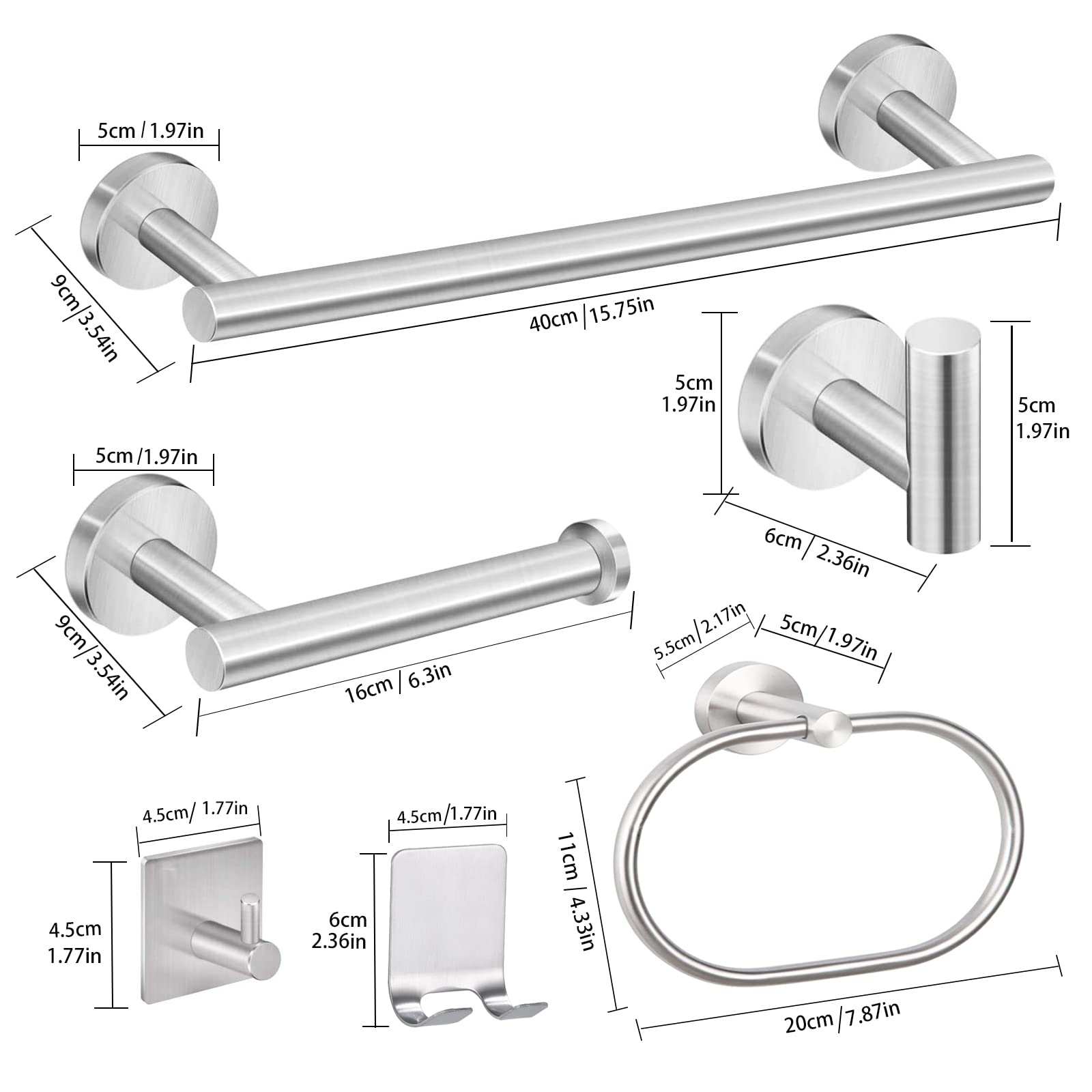 8 Pezzi Set Accessori Bagno Acciaio inossidabile Portasciugamani, porta carta igienica, anello portasciugamani, gancio per accappatoio, ganci adesivi, porta rasoio adesivo (Argent)