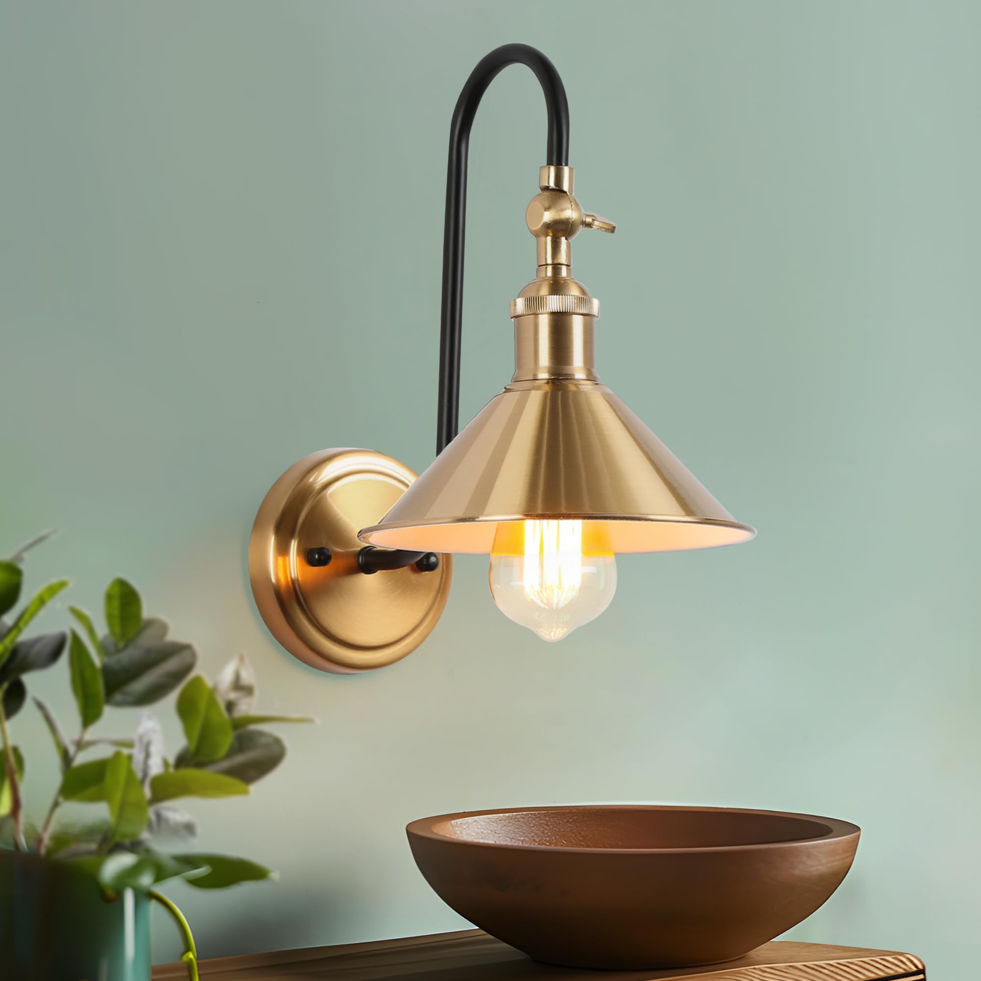 KSANA Modern Black Gold Wall Light Fixture, Adjustable Brass Wall Mount Sconces with Metal Shade for Bathroom, Hallway, Bedroom, Kitchen and Living Room