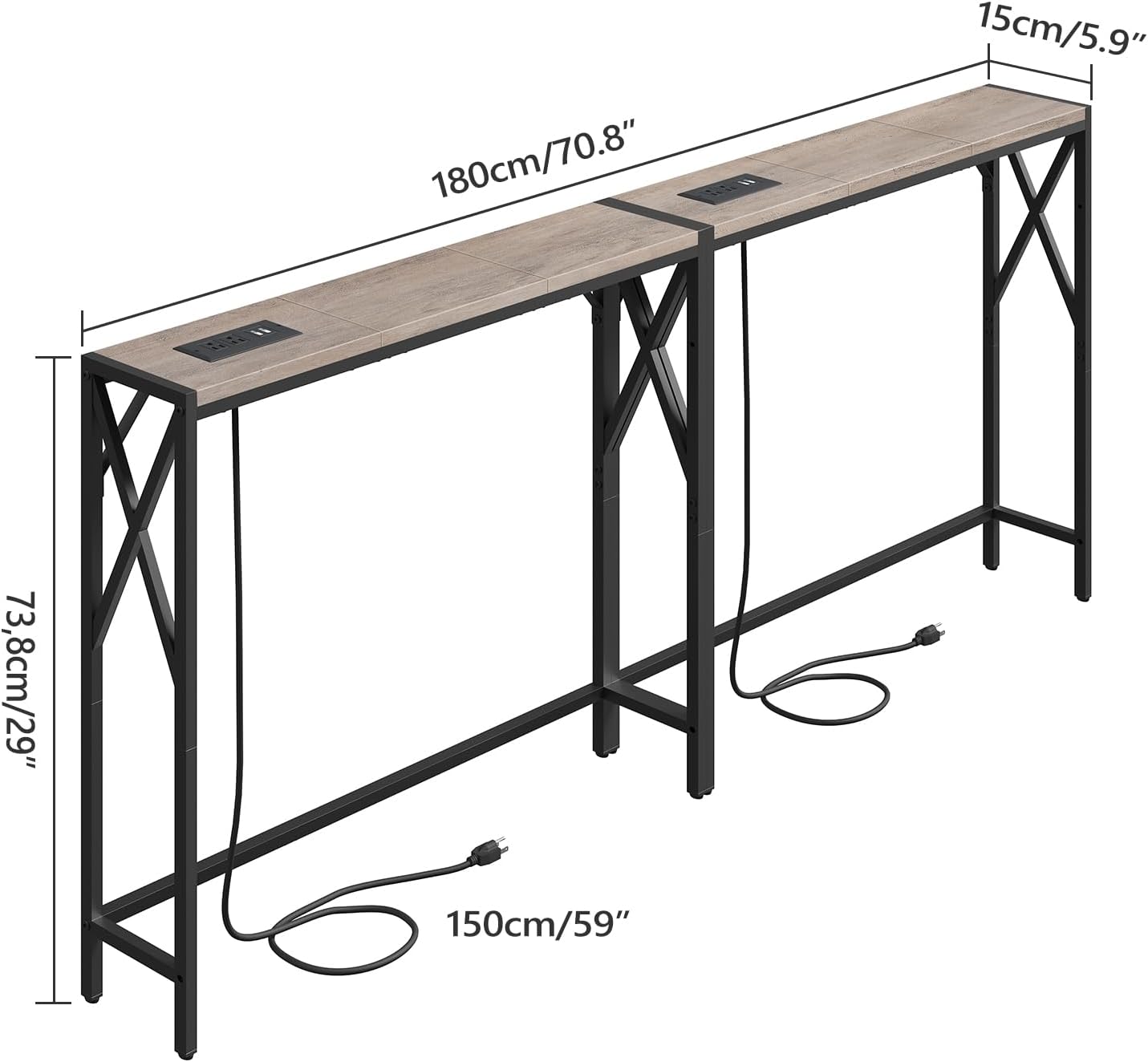 MAHANCRIS 70.8'' Narrow Sofa Table with Charging Station, 2 Pack Skinny Console Table, Long Entryway Hallway Couch Table with Power Outlets, Greige CTHG152E01S2