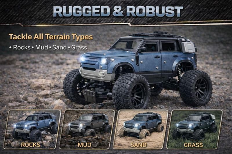 Image of 200+ Feet Range Rechargeable Metal Body Defender RC Rock Crawler Car with Double Mist Spray, LED Headlights, Type-C Port, Off-Road Remote Control Monster Truck Toy for Kids (Blue)