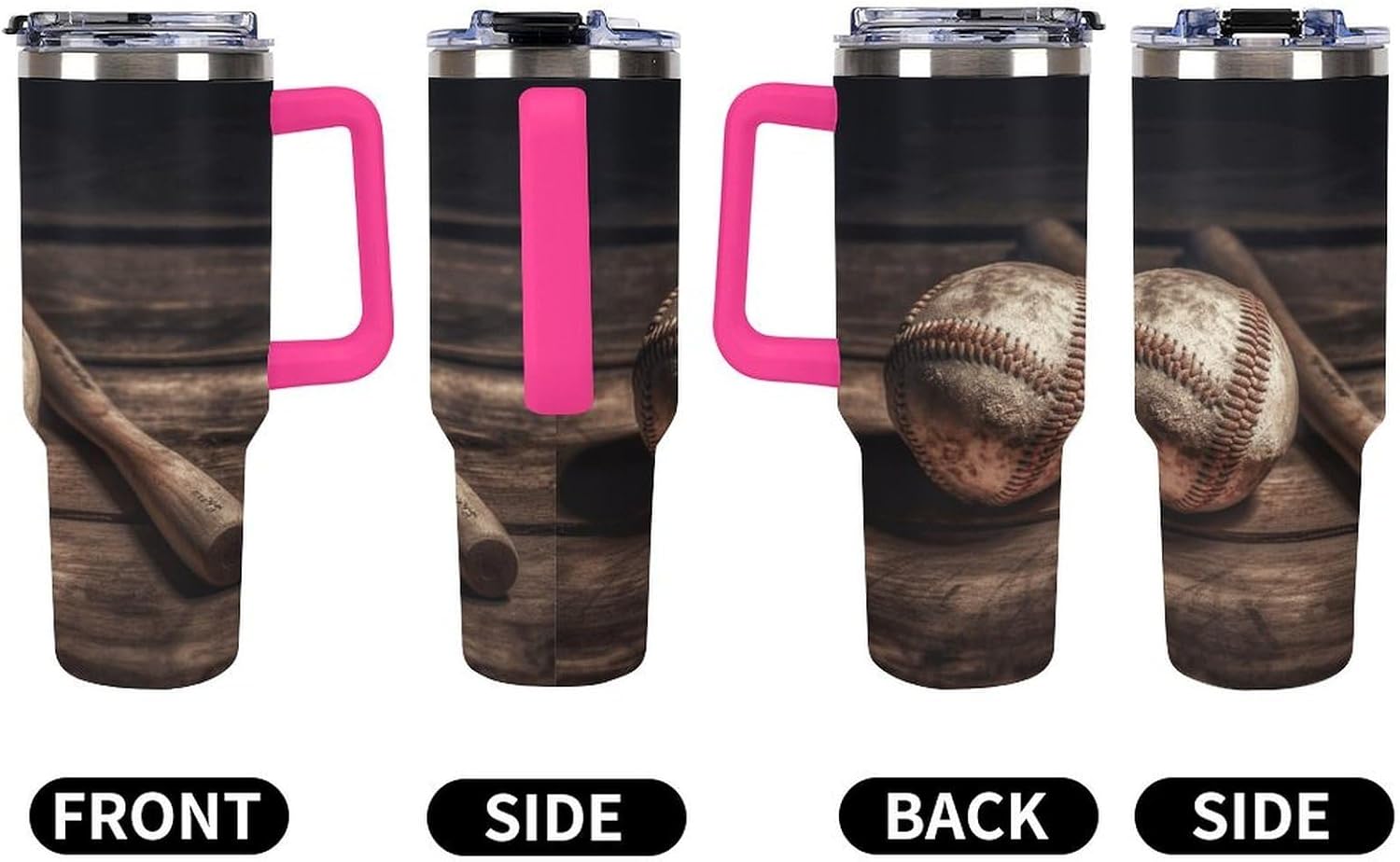 Baseball on Wooden Tumbler Stainless Steel Large Car Cup with Handle&Straw Lid Portable Coffee Cup Leak-proof Water Bottle Insulated Vacuum Travel Mug for Home Outdoor 40oz