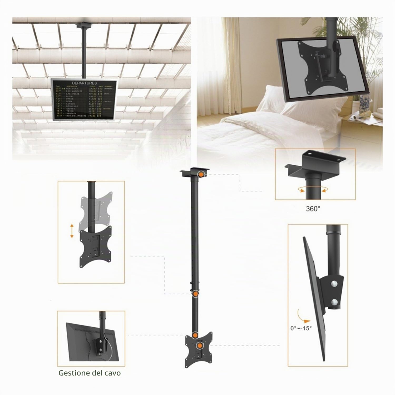 Maclean MC-580 Supporto Staffa Universale da Soffitto Nero per TV Plasma LED LCD da 23'' fino a 55'' VESA Compatibile Carico MAX 50kg
