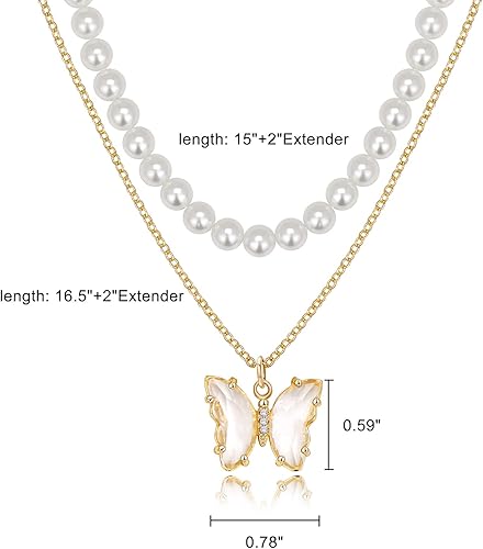Miniatura 5 de Delicado collar de perlas de oro de 18 quilates para mujer con colgante de mariposa minimalista en capas gargantilla collar de joyería regalo