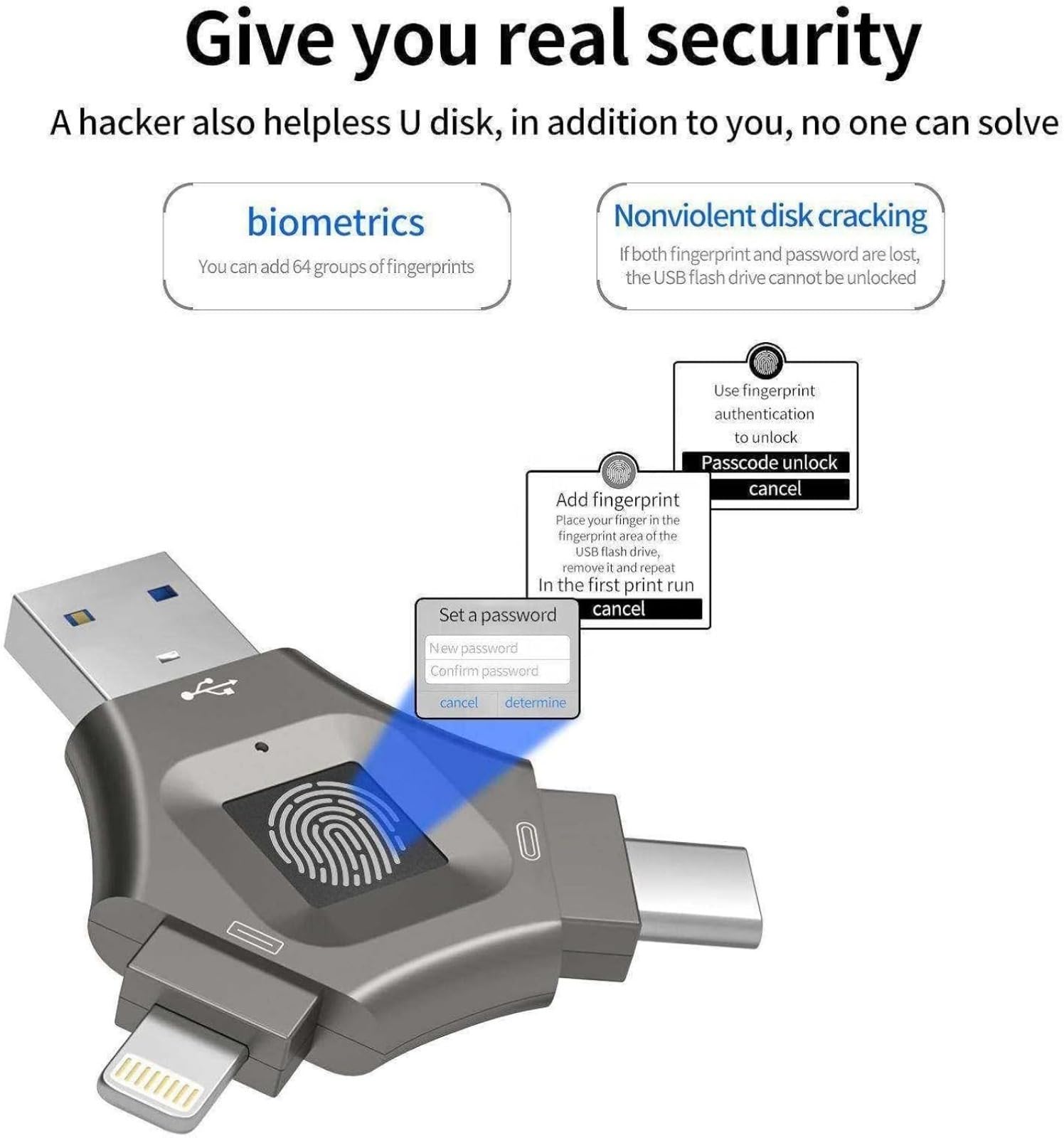 Chiavetta USB 3 in 1 con crittografo, chiavetta USB 3.0 multi-porta con Lightning, USB C e sicurezza delle impronte digitali per iPhone, Android e PC
