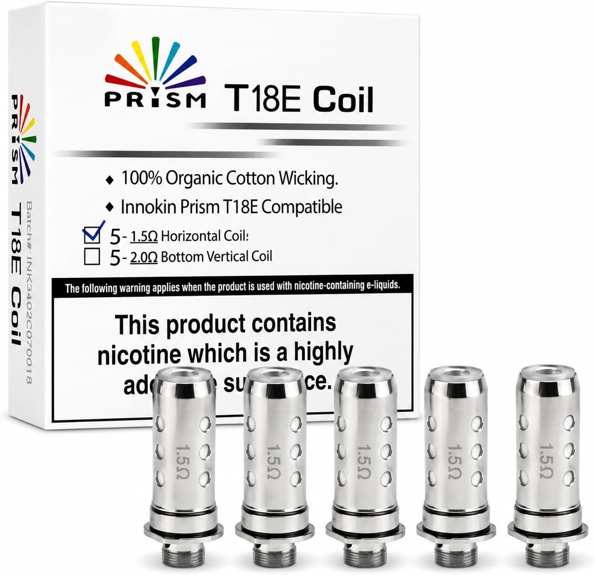 Prism T18E Replacement Coils1.5 Ohm [Pack of 5] | Authentic Atomizer Heads for Endura T18E, T18 II, T18 II Mini, T18X, T22E, and T22 Pro Vape Kits, No Nicotine