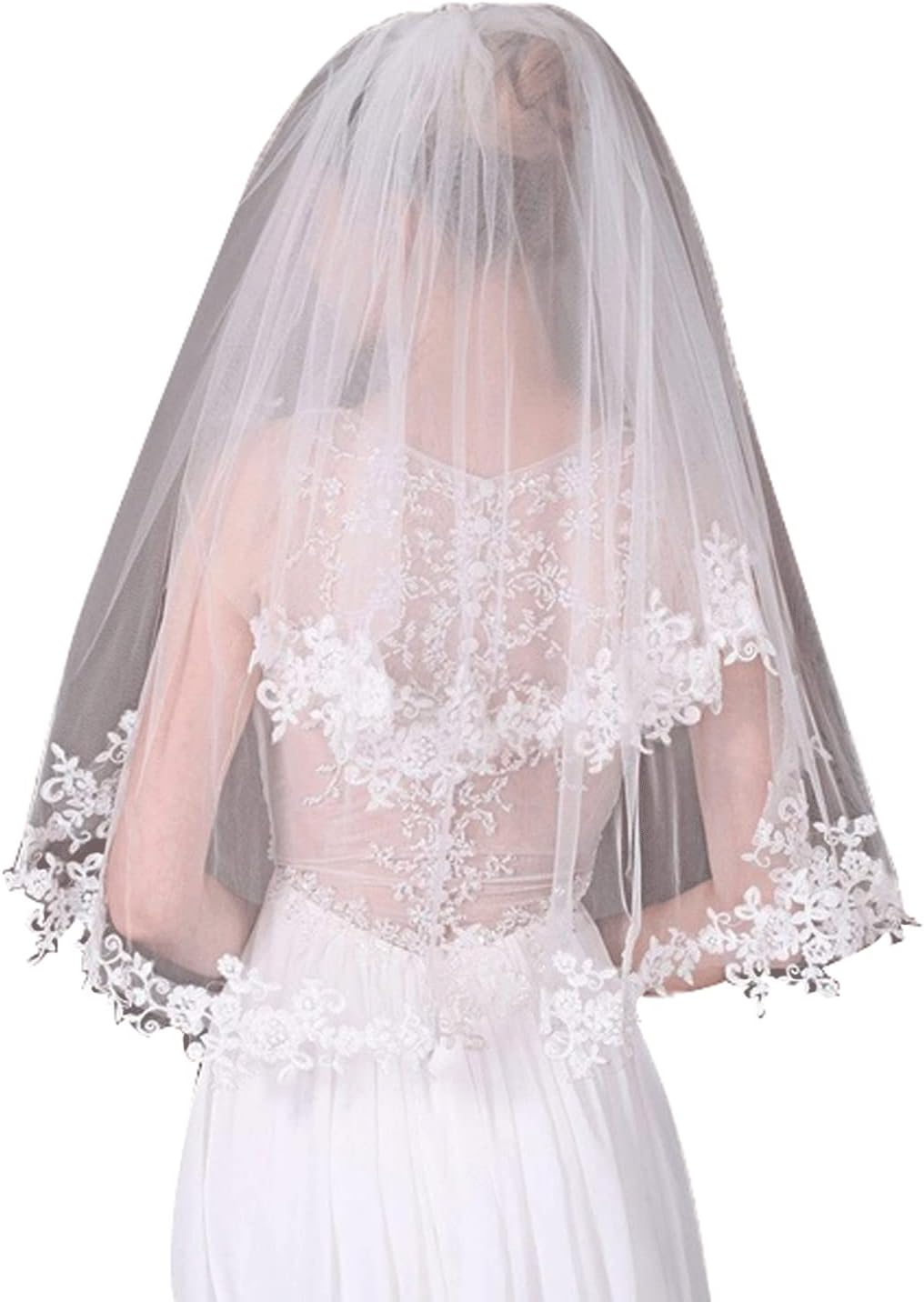 ブライダルチュール 不規則な長さのブライダルアクセサリー レース フローラルエッジ ヘッドウェア ショート 2 層 ヘッドベール 写