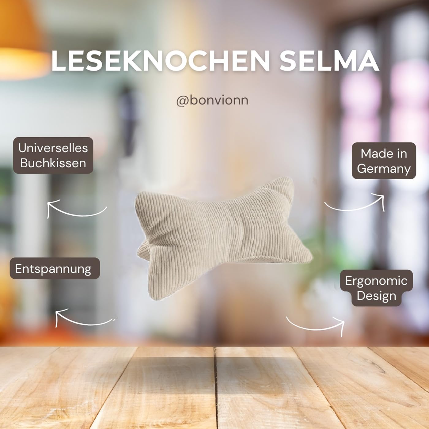 Zwei Leseknochen Selma Cord Look ergonomische Form für Nacken- oder Lendenstütze Flexible Stütze für Bücher, E-Books oder Tablets (Natur)