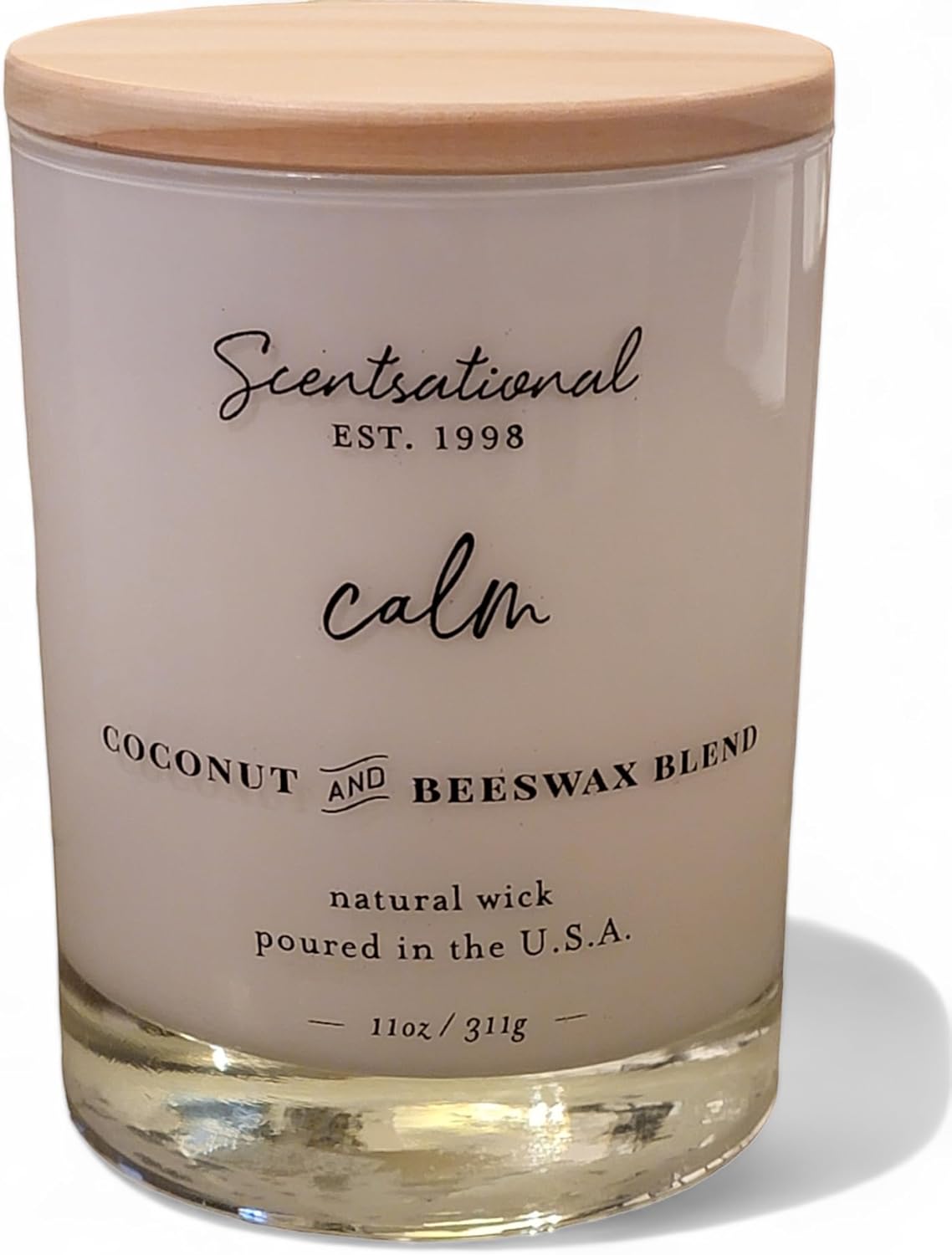 Natural Wick, Coconut & Beeswax Blend Scented Candle (Calm) White Jar, Wooden Lid, Cursive, 11oz